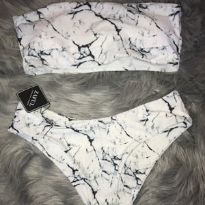 Marble bandeau bathing suit with high leg bottoms